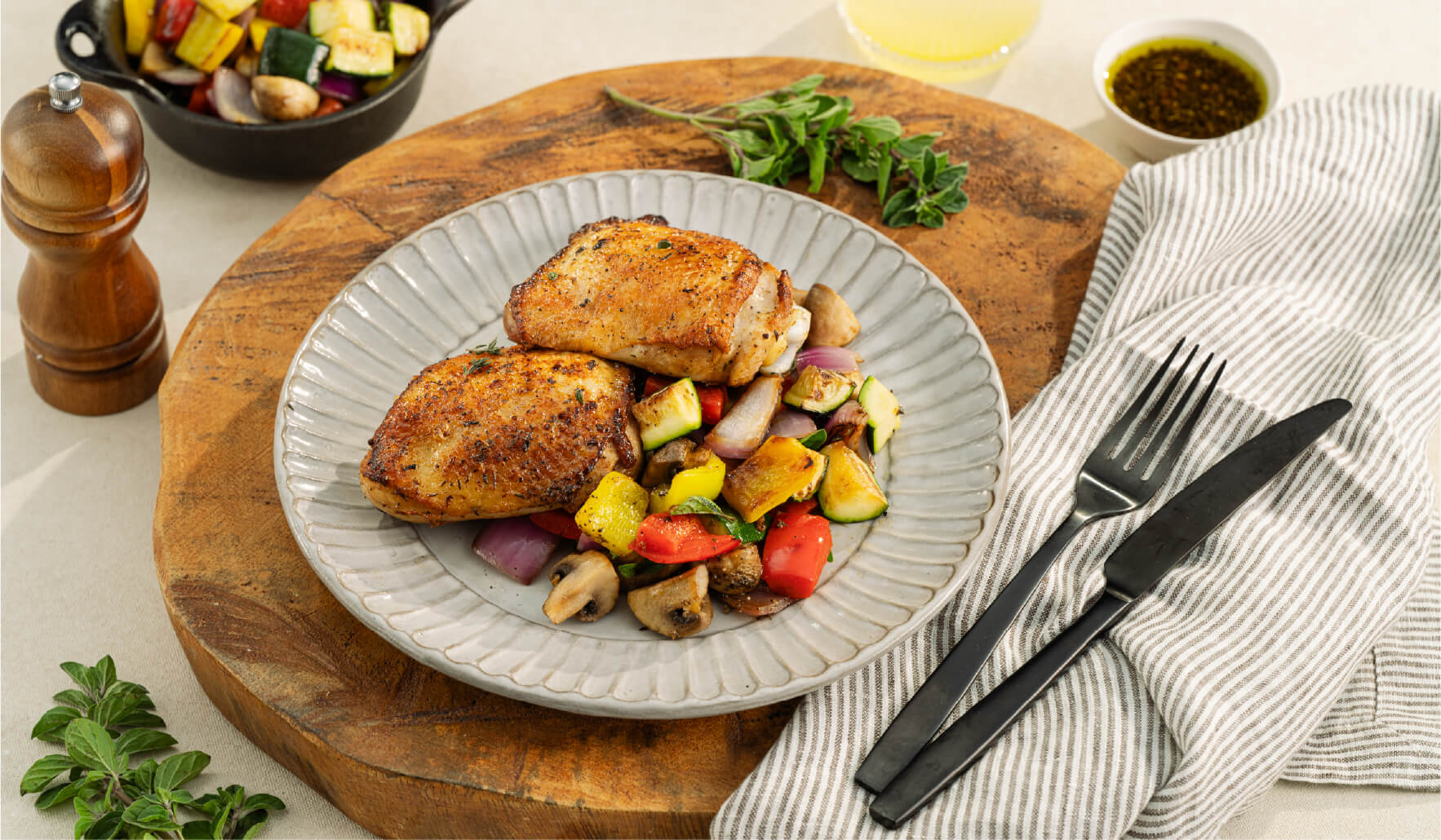Lemon Thyme Crispy Chicken Thighs With Marinated Vegetables