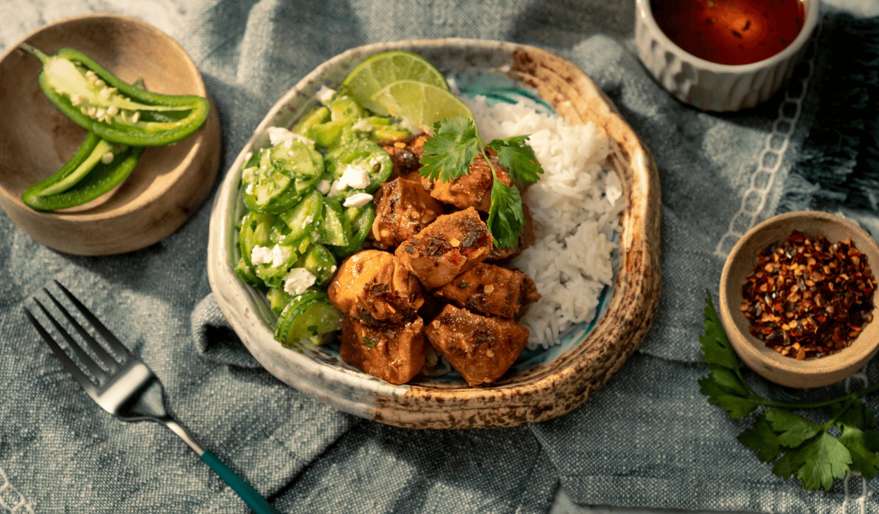 Smoky Salmon Rice Bowls With Avocado Feta Salad